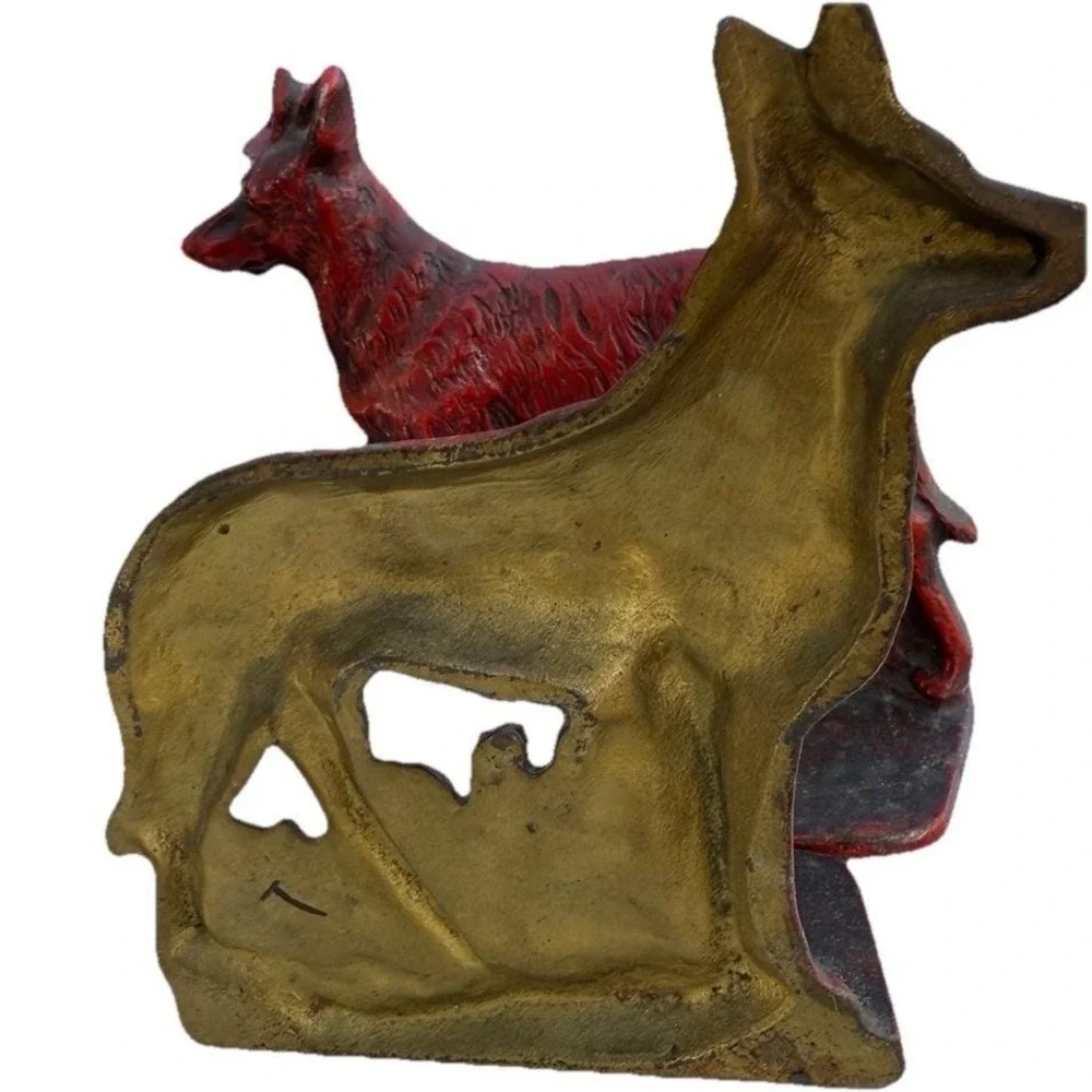 Vintage Cast Iron Bronze Red Patina German Shepherd Dog Bookends Door Stops